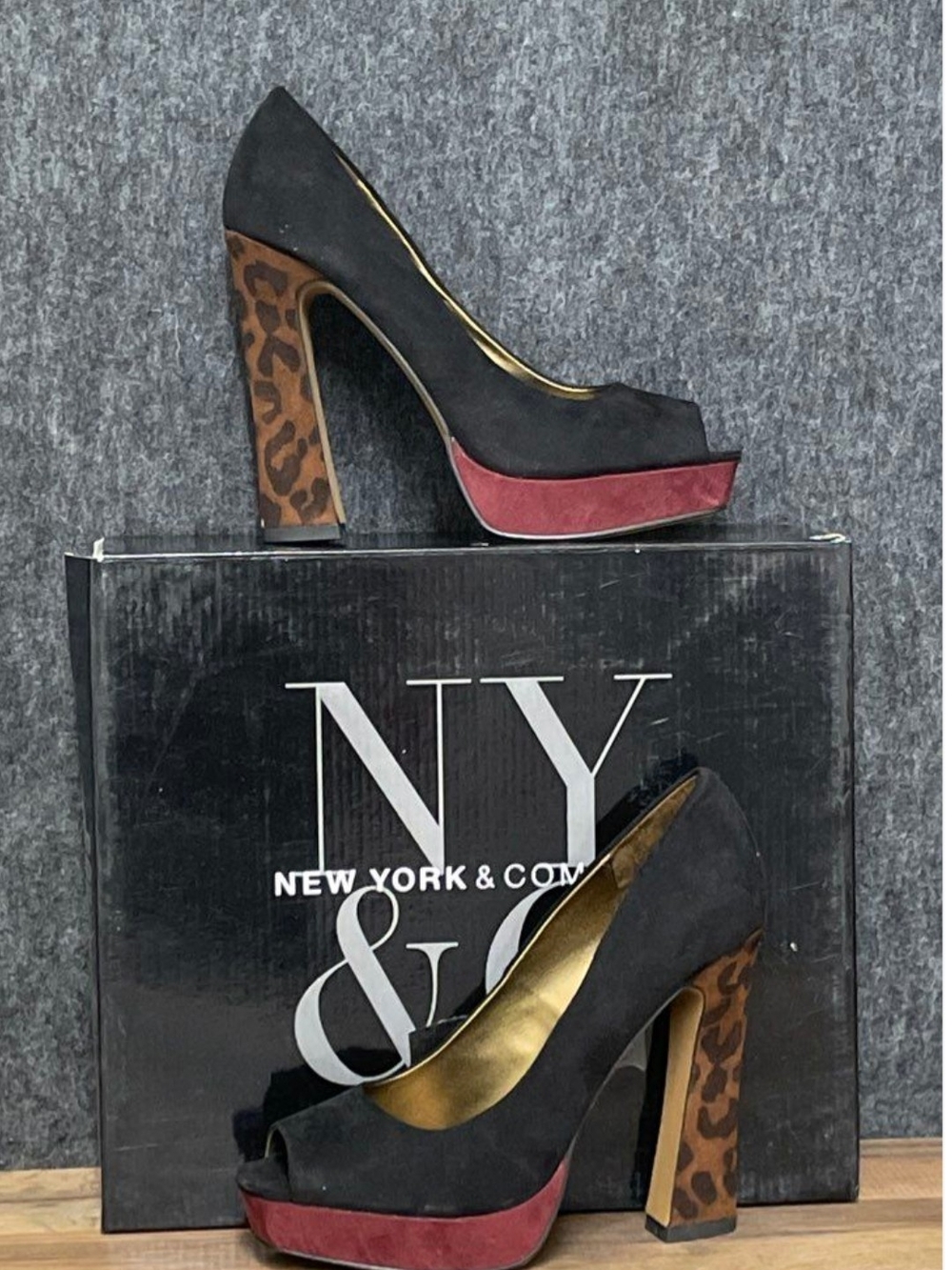 New York & Company
58th & Lex Peep-Toe Platform Pumps in Black/Burgundy/Leopard